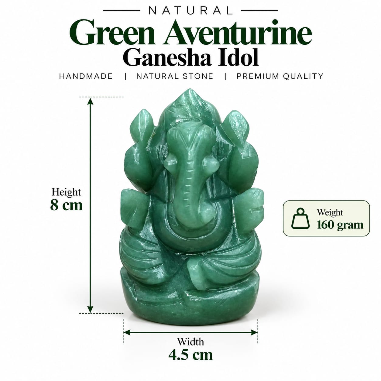 Natural Green Aventurine Ganesha Idol 160g - Handcarved Crystal Ganesh Murti 8cm Height 4.5cm Width
